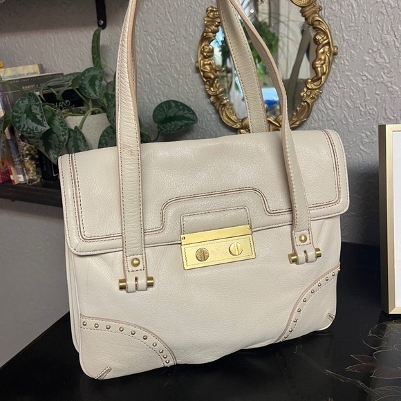 5/$75 Vintage 80s LARGE Cream and Gold Leather Bag with many pockets 9 - Picture 1 of 8